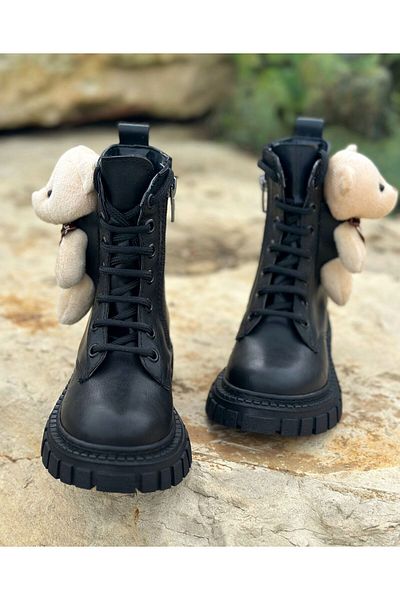 Surpie Shoes Κοριτσίστικες μπότες με αρκουδάκι, παιδικές μπότες με φερμουάρ, μαύρες παιδικές μπότες