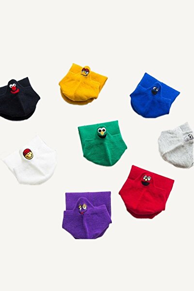 erceys Women's 8-Piece Cotton Emoji Patterned Booties Socks with Embroidered Smiley Face