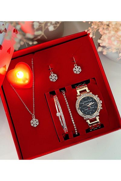 Has Heart Pattern Rose Watch Bracelet and Earring Set
