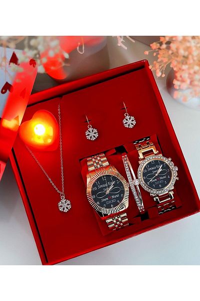Has Rose Double Watch Bracelet Necklace and Earrings Square Set Box with Gift