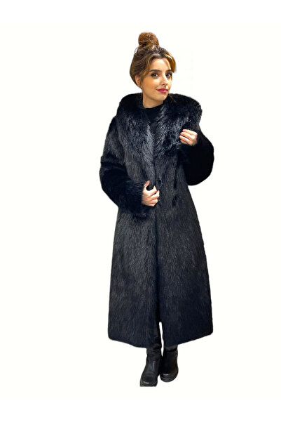 FUREVER FASHION Kapüşonlu foks kürk uzun manto