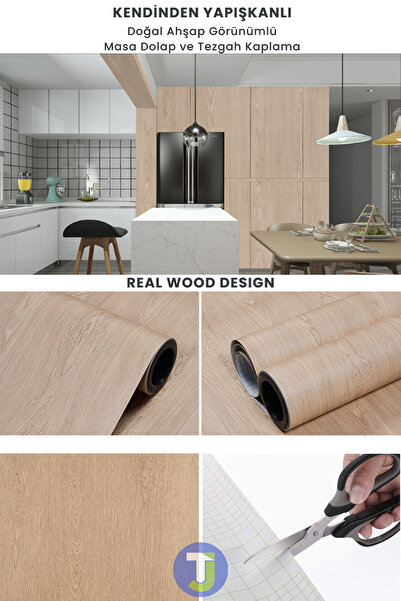 Technojet Kendinden Yapışkanlı Doğal Ahşap Dokulu Duvar Dolap Masa Mutfak Tezgah Kaplama 60cmX500cm
