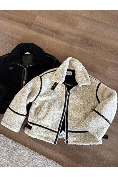 mypagebutik Μπουφάν Doly Μπεζ με Μαύρες Ρίγες Πελούς