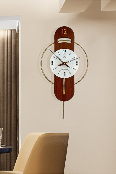 AGA KONSEPT Mir Time Gold Metal Cam Ceviz Rengi Ahşap, Özel Tasarım Duvar Saati