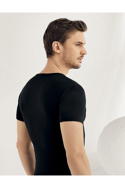 Şahinler Men's Black Short Sleeve V-neck Ribbed Undershirt Me028