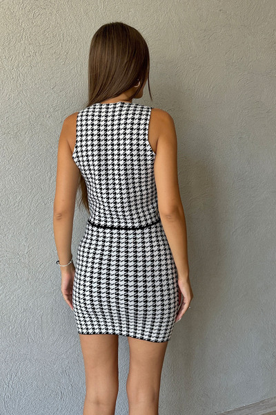 Seda Yalçın Atelier Black and White Houndstooth Patterned Vest and Skirt Set