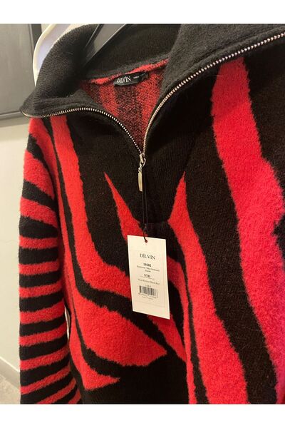 Dilvin Kamyoner Yaka Fermuarlı Kazak-Kırmızı