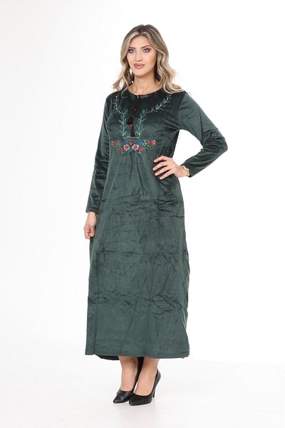 mervemoda Women's green embroidery detailed velvet dress