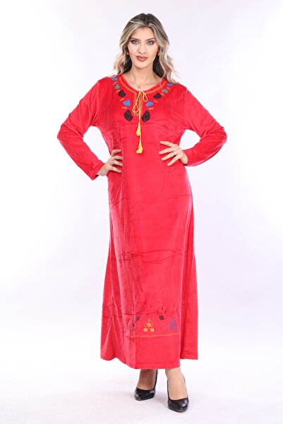 mervemoda Γυναικείο Κόκκινο κέντημα με λεπτομέρεια βελούδινο φόρεμα