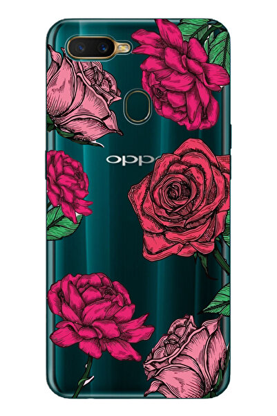 Magic Ring Oppo A5S/AX7/A12 Uyumlu Gül Desenli Şeffaf Telefon Kılıfı