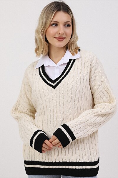VEGENZE Women's Vanilla-Black V-Neck Hair Knitted Pattern Knitwear Sweater
