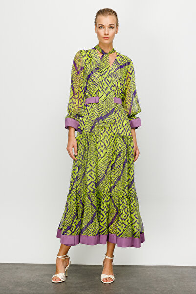 Nefeli Mor-Yeşil Geometrik Desen Elbise