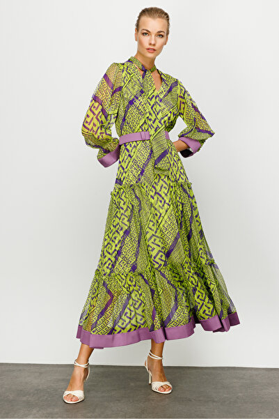 Nefeli Mor-Yeşil Geometrik Desen Elbise