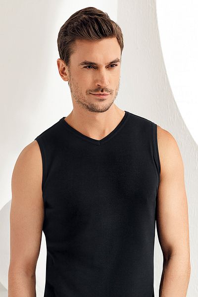 Şahinler Men's Black Zero Sleeve V-Neck Ribbed Undershirt Me032