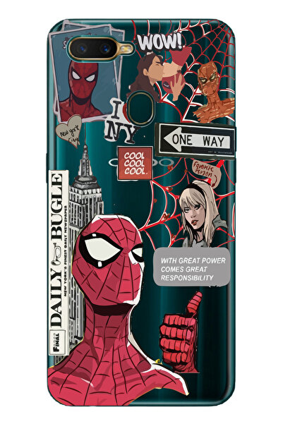 Magic Ring Oppo A5S/AX7/A12 Uyumlu Spiderman Desenli Şeffaf Telefon Kılıfı