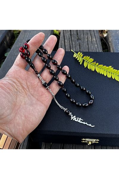 dergah tesbih Night Red Fire-i Amber Prayer Beads with Special Signature Design for Your Name