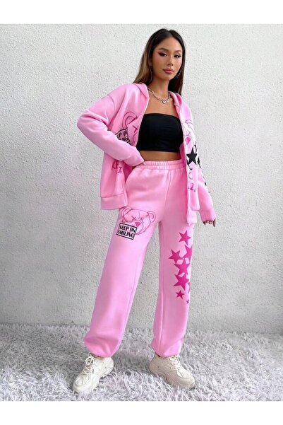 Machetta Kadın Pembe Keep On Smiling Baskılı Oversize 3 İplik Hırka Eşofman Takımı