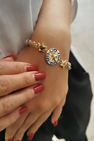 Utku Kuyumculuk 14 Ayar Lacivert Mineli Üstü Dönen Pusula Şans Bilekliği
