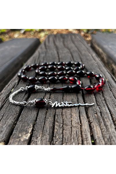 dergah tesbih Night Red Fire-i Amber Prayer Beads with Special Signature Design for Your Name