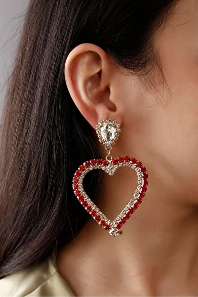 HUBANN Kırmızı Renk Sallantılı Taşlı Büyük Kalp Küpe Su Yolu Kalp Küpe Işıltılı Gümüş Kaplama Kalpli Küpe