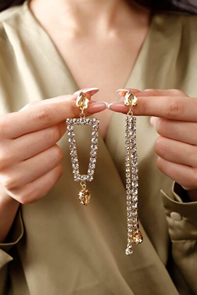 HUBANN Altın Renk Taşlı Geometrik Model Sallantılı Pırlanta Abiye Düğün Nişan...