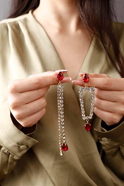 HUBANN Kırmızı Taşlı Geometrik Model Sallantılı Pırlanta Abiye Düğün Nişan Pa...