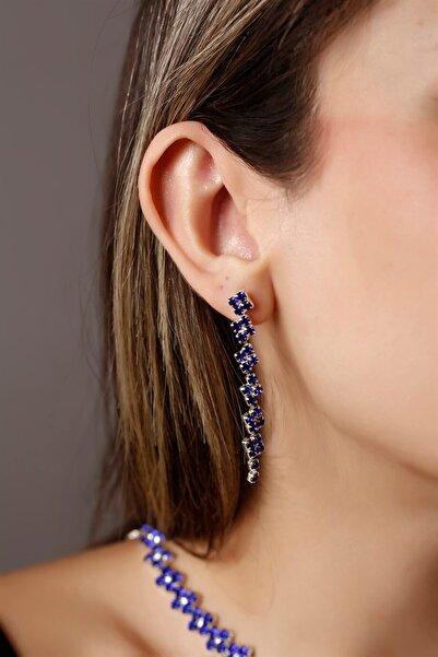 HUBANN Stylish Mavi Baklava Desenli Zirkon Taşlı Küpe Pırlanta Gümüş Kaplama Su Yolu Abiye Nişan Gelin Düğ