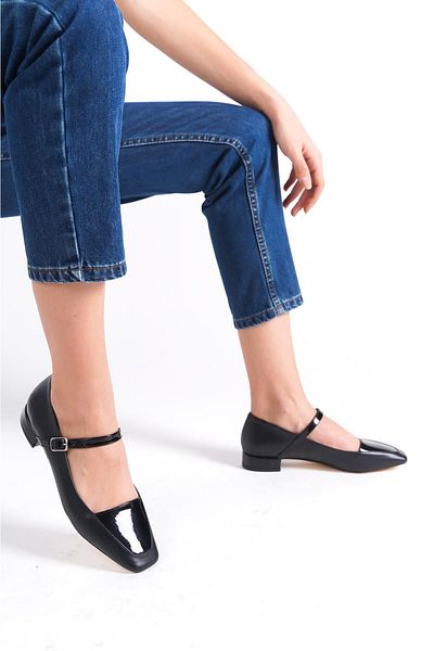 ALPELLİ Women's Black Patent Leather Detailed Square Toe Strappy Skin Heeled Shoes