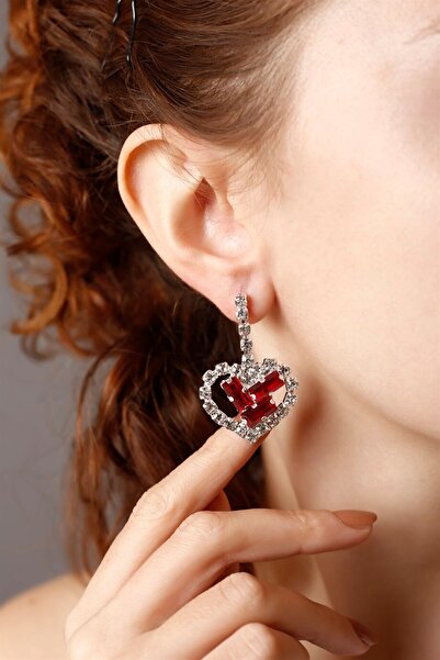 HUBANN Kırmızı Taşlı Kalp Desenli Su Yolu Küpe Taşlı Küpe Stylish Küpe Gümüş Kaplama Küpe