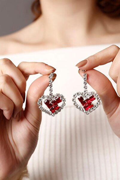 HUBANN Kırmızı Taşlı Kalp Desenli Su Yolu Küpe Taşlı Küpe Stylish Küpe Gümüş Kaplama Küpe