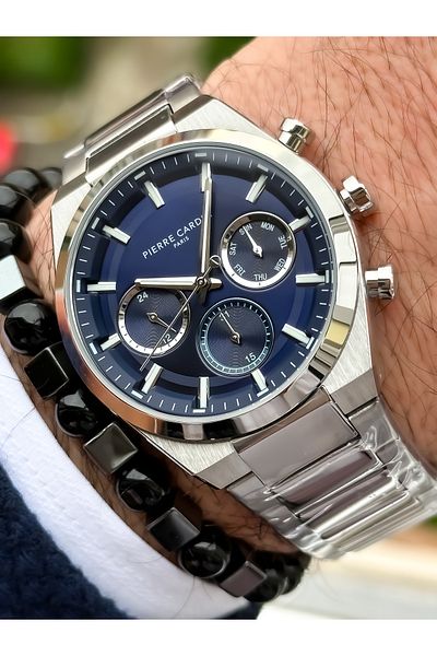 Pierre Cardin Brand Full Steel (case, band), Functions Active, Silver Color, VIP Men's Wristwatch + Bracelet, Rosary