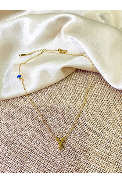 Belle Y Harfli Nazar Boncuklu 14 K Altın Kaplama Ince Zincir Çelik Kolye