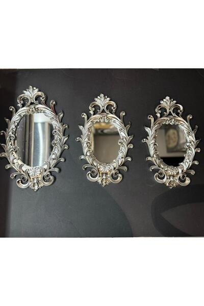 Peramari Dekoratif Polyester Üçlü Antik Ayna Takımı Gümüş Eskitme