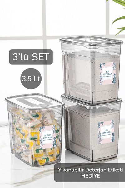 Meleni Home 3-Piece 3.5 Liter Lena Set Bathroom Organizer Storage Box with Label - Powder Tablet Detergent Storage Container