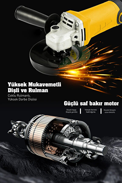 MOONSHOP Pro Bakır Sargı Avuç Içi Taşlama Makinası 6 Kademeli Uzun Kuyruk Devir Ayarlı 125-115 Mm 2800w.