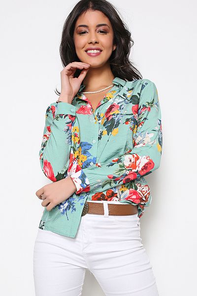 AVORWE Cămașă cu nasturi cu modele florale