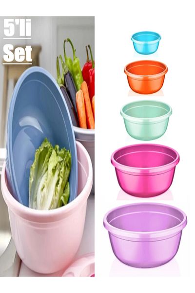 Bayev 5-Piece Vibrant Plastic Basin Basin Set - Kitchen Container Bowl (3.5/5/7.5/10/15 Liters)