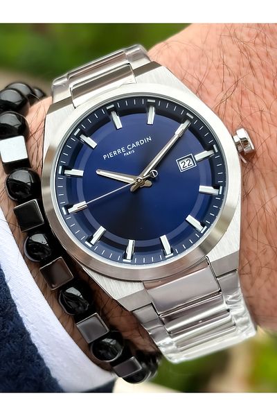 Pierre Cardin Brand Full Steel (case, strap), Calendar, Silver Color, VIP Men's Wristwatch + Bracelet, Rosary