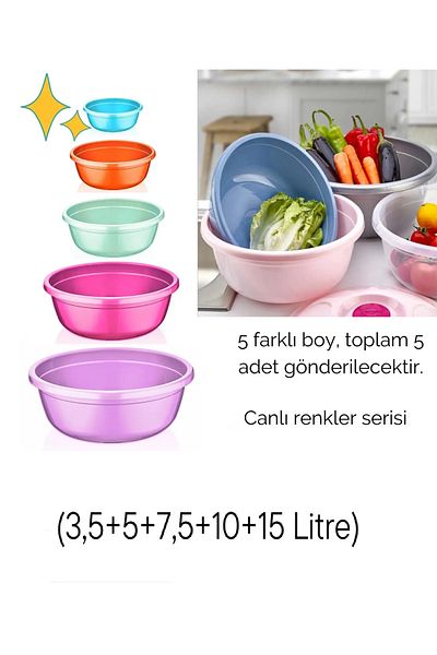 Bayev 5-Piece Vibrant Plastic Basin Basin Set - Kitchen Container Bowl (3.5/5/7.5/10/15 Liters)