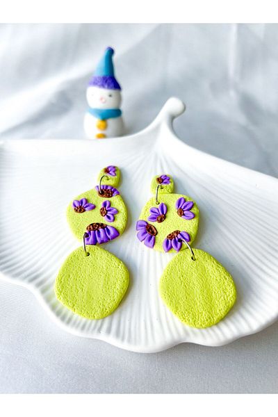 TREND Pistachio Green Purple Flower Detailed Design Daily Summer Beach Polymer Earrings