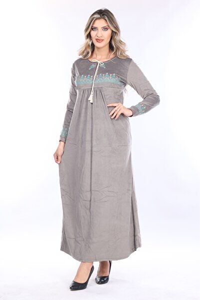 mervemoda Women's Grey Embroidery Detailed Velvet Dress