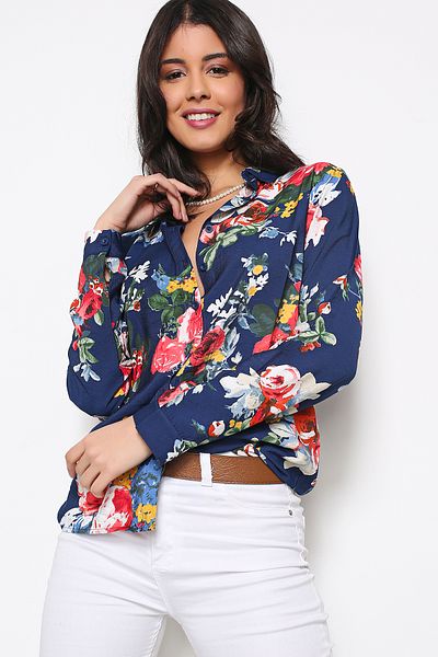 AVORWE Cămașă cu nasturi cu modele florale