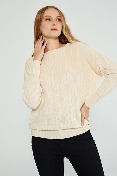 JOVENMADRE Boat Neck Hair Knitted Patterned Oversize Ecru Women's Knitwear Sweater