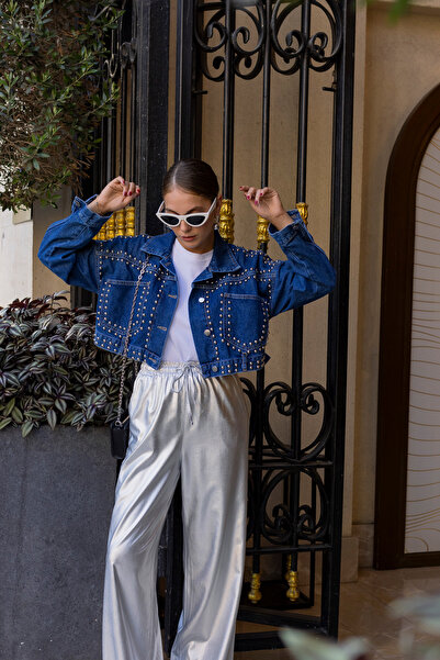 Askı Nişantaşı Jachetă de blugi cu împânzire cu nasturi la spate albastru 115-00398