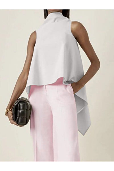 NSMLİFE Kadın Saten Ön Kısa Arka Uzun Asimetrik Büstiyer Yüksek Moda Bluz