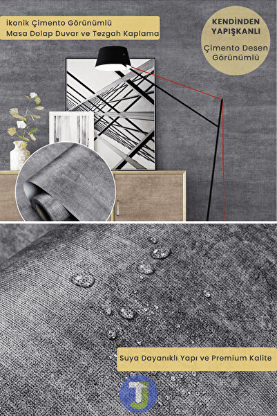 Technojet Kendinden Yapışkanlı Dokulu Çimento Görünümlü Mutfak Duvar Dolap Masa Kaplama 60cmX100cm
