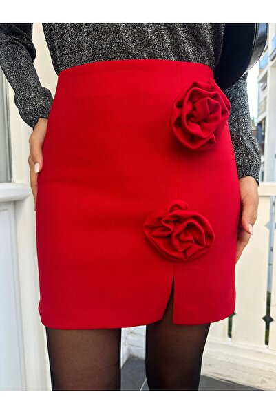 Serica Moda Red Rose Detailed Mini Skirt
