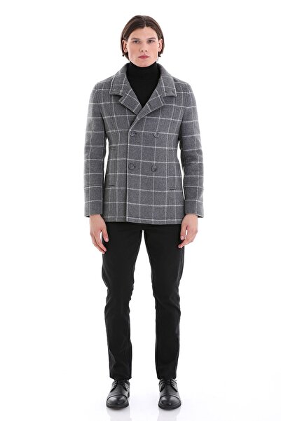 Hatemoğlu Gray Slim Fit Plain Mono Collar Wool Double Breasted Cashmere Coat