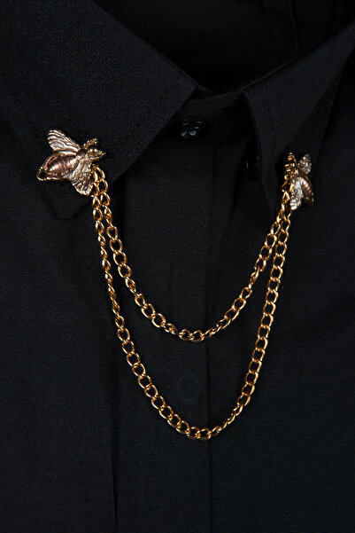 Terapi Men Tüm Gömleklere Uyumlu Arı Figürlü Altın Renk Zincirli Yaka İğnesi