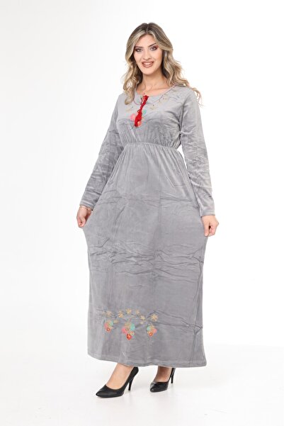 mervemoda Γυναικείο βελούδινο φόρεμα με κέντημα σε γκρι γιακά
